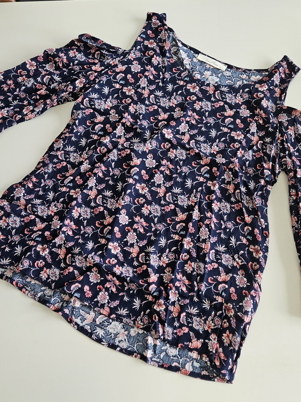 Navy Floral Cold-Shoulder Blouse with Pink Accents